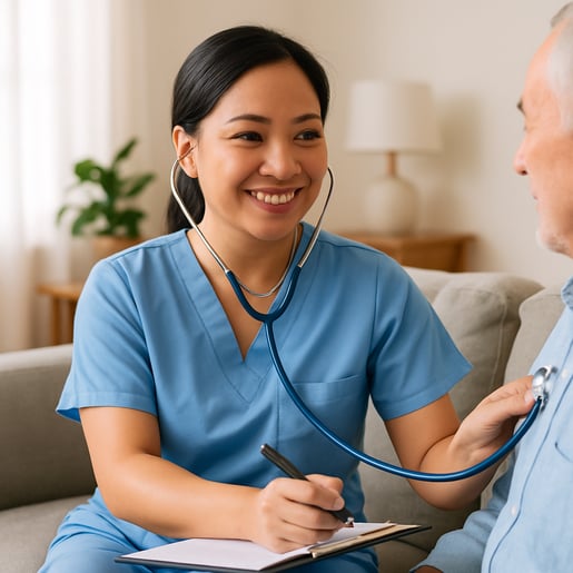 A filipina nurse in her mid 30s conducting a home wellness check
