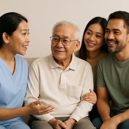 A friendly Filipino care taker talking to a family with an old adult and their adult children