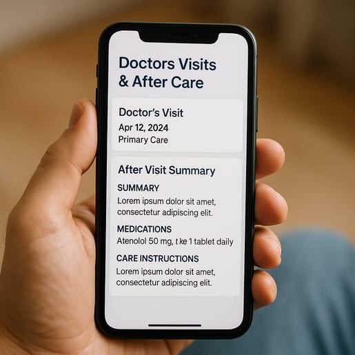 A person holding a mobile phone with the screen showing doctors visits and after care summaries-2
