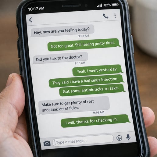 A picture of a person holding a cell phone that has a chat application open with messages about a persons health being displayed