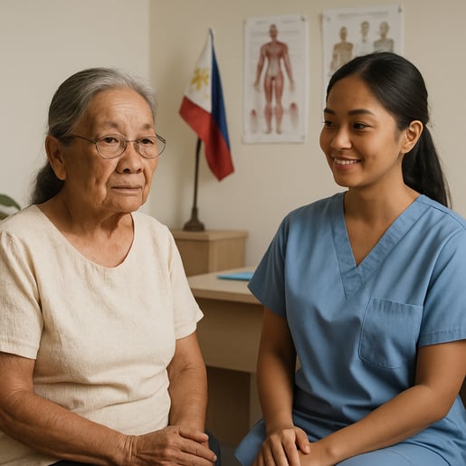 An old filipina with a care taker who is not touching the older person at the Filipino doctors office-1