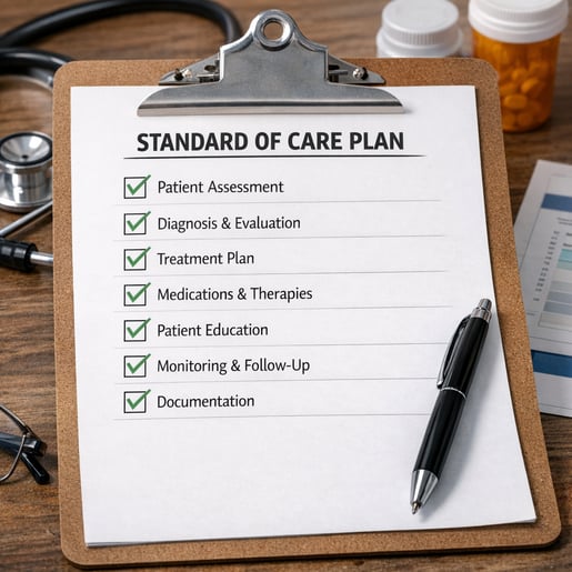 A clipboard with a checklist that lists the standard of care plan